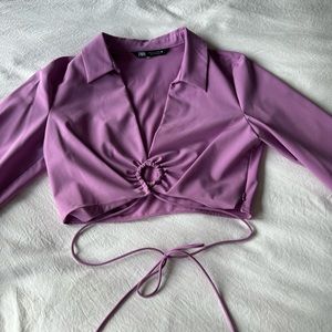 Purple Zara blouse with flattering collar and key hole ring! W wrap around ties